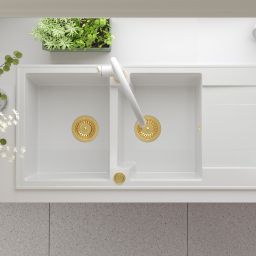 Quadron Evan 121 zlewozmywak 116x50 cm GraniteQ snow white/elementy złote HQE11650U1_PVDG1_P2O
