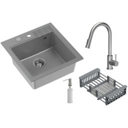 Quadron Comfort 110 zlewozmywak 52x50 cm z baterią i dozownikiem szary/stalowy HCQP5052SZK_3673500BS