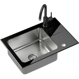 Quadron Hugh 116 zlewozmywak szklano-stalowy 64x44 cm stal/czarny z baterią Naomi czarny połysk ST3564SC1BS-BW7059CZP