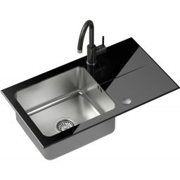 Quadron Hugh 111 zlewozmywak szklano-stalowy 77x44 cm stal/czarny z baterią Naomi czarny połysk ST3577SC1BS-BW7059CZP
