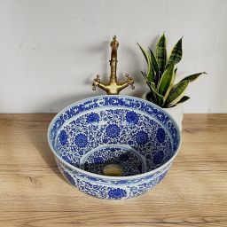 Rea Bella umywalka 41,5x41,5 cm okrągła nablatowa biała-niebieska REA-U7503