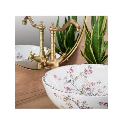 Rea Felicia umywalka 42,5x42,5 cm okrągła nablatowa biała w kwiaty REA-U7504
