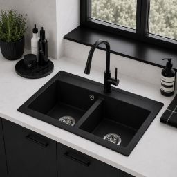 Ruvetti Doblo zlewozmywak granitowy 75,6x44,7 cm czarny 3001DO_BC_W
