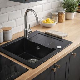 Ruvetti Minimini+ zlewozmywak 58x44 cm z baterią czarny/stal LP_3200-MM58440BC_W