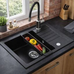 Ruvetti Natu Compact zlewozmywak 62x44 cm z baterią i akcesoriami czarny/stal LP_3200-NC6244BC_W