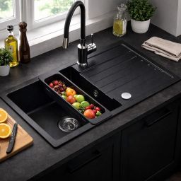 Ruvetti Natu Maxi zlewozmywak 77x44 cm z baterią i akcesoriami czarny/stal LP_3200-NM7744BC_W