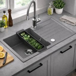 Ruvetti Natu Maxi zlewozmywak 77x44 cm z baterią i akcesoriami szary/stal LP_3200-NM7744GR_W