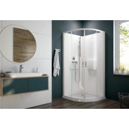 Sanplast Basic Complete Mineral kabina z brodzikiem i zestawem prysznicowym 90x90 cm półokrągła biały połysk/szkło przezroczyste 602-460-0931-01-4H0