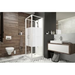 Sanplast Basic Complete Mineral kabina z brodzikiem i zestawem prysznicowym 90x90 cm kwadratowa biały połysk/szkło ze wzorem 602-460-2431-01-2B0