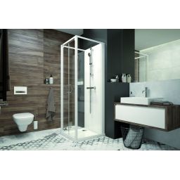 Sanplast Basic Complete Mineral kabina z brodzikiem i zestawem prysznicowym 90x90 cm kwadratowa biały połysk/szkło przezroczyste 602-460-2431-01-4B0