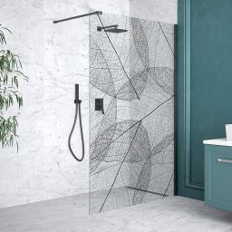 Besco Leafy Walk-In ścianka prysznicowa 100 cm czarny mat/szkło przezroczyste z motywem LF-100-200C