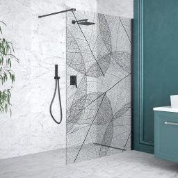 Besco Leafy Walk-In ścianka prysznicowa 110 cm czarny mat/szkło przezroczyste z motywem LF-110-200C