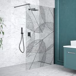 Besco Leafy Walk-In ścianka prysznicowa 120 cm czarny mat/szkło przezroczyste z motywem LF-120-200C