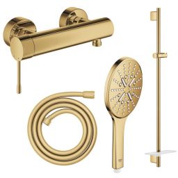 Zestaw Grohe Essence bateria prysznicowa ścienna z kompletem prysznicowym Cool Sunrise (33636GL1, 26603GL0, 28388GL1, 26574GL0)