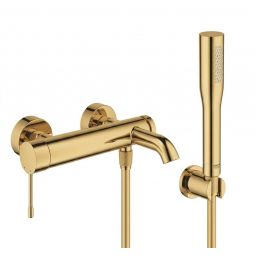Zestaw Grohe Essence bateria wannowo-prysznicowa ścienna z kompletem prysznicowym Cool Sunrise (33624GL1, 28362GL1, 27074GL0, 27400GL0)