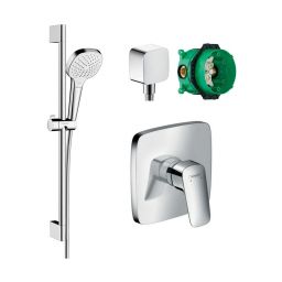 Zestaw Hansgrohe Logis bateria prysznicowa podtynkowa z kompletem natryskowym Croma i przyłączem FixFit chrom/biały (71605000, 01800180, 26582400, 26457000)