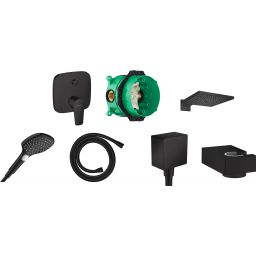Zestaw Hansgrohe Talis E bateria wannowo-prysznicowa podtynkowa z deszczownicą, ramieniem Raindance E i zestawem natryskowym czarny mat (71745670, 01800180, 26238670, 26520670, 28276670, 26455670, 28387670)