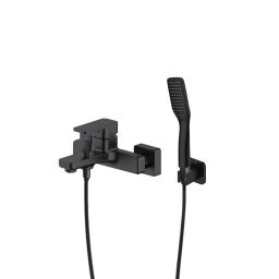 Zestaw Oltens Hadsel bateria wannowo-prysznicowa ścienna z kompletem natryskowym Tinde Hald czarny mat 36056300