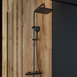 Oltens Atran zestaw prysznicowy ścienny termostatyczny z deszczownicą czarny mat 36501300