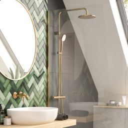 Oltens Atran zestaw prysznicowy termostatyczny z deszczownicą złoty połysk 36500800