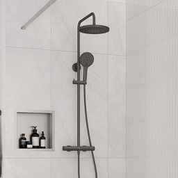 Oltens Vatten zestaw prysznicowy ścienny termostatyczny z deszczownicą grafit 36505400