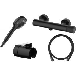 Zestaw Oltens Hamnes bateria prysznicowa ścienna z kompletem natryskowym czarny mat (33005300, 37402300, 37104300, 37200300)