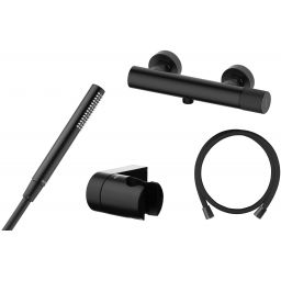 Zestaw Oltens Hamnes bateria prysznicowa ścienna z kompletem natryskowym czarny mat (33005300, 37102300, 37402300, 37200300)