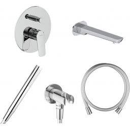 Zestaw Oltens Vernal bateria wannowo-prysznicowa podtynkowa z kompletem natryskowym i wylewką chrom (34104100, 37102100, 37200100, 39304100, 39102100)