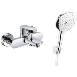Zestaw Oltens Vernal bateria wannowo-prysznicowa ścienna z kompletem natryskowym Saxan chrom (34004100, 36008100)