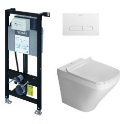 Zestaw Duravit DuraSystem stelaż podtynkowy z przyciskiem spłukującym białym i miską WC Rimless DuraStyle z deską wolnoopadającą (WD1011000000, WD5001011000, 45510900A1 )