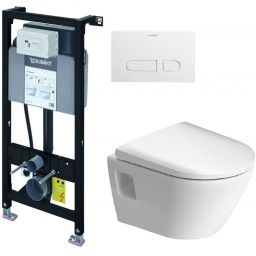Zestaw Duravit DuraSystem stelaż podtynkowy z przyciskiem spłukującym białym i miską WC Rimless D-Neo Compact z deską wolnoopadającą (WD1011000000, WD5001011000, 45870900A1)