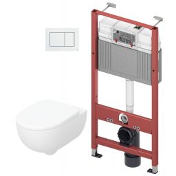 Zestaw Geberit Selnova Premium miska WC bez kołnierza z deską wolnoopadającą i stelaż podtynkowy Tece Base z przyciskiem Now biały (9400407, 9240400, 502793001)