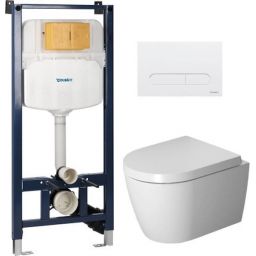 Zestaw Duravit DuraSystem stelaż podtynkowy z przyciskiem spłukującym białym i miską WC Rimless ME by Starck z deską wolnoopadającą (WD102900000, WD5009011000, 45300900A1)
