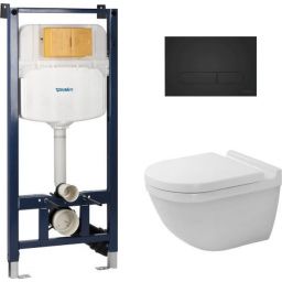 Zestaw Duravit DuraSystem stelaż podtynkowy z przyciskiem spłukującym czarny mat i miską WC Rimless Starck 3 z deską wolnoopadającą (WD102900000, WD5009031000, 45270900A1)