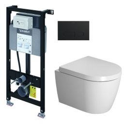Zestaw Duravit DuraSystem stelaż podtynkowy z przyciskiem spłukującym czarny mat i miską WC Rimless ME by Starck z deską wolnoopadającą (WD1011000000, WD5001031000, 45300900A1)