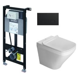 Zestaw Duravit DuraSystem stelaż podtynkowy z przyciskiem spłukującym czarny mat i miską WC Rimless DuraStyle z deską wolnoopadającą (WD1011000000, WD5001031000, 45510900A1)