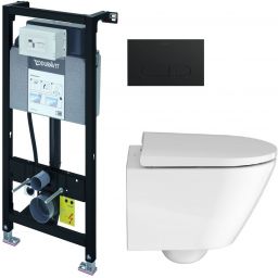 Zestaw Duravit DuraSystem stelaż podtynkowy z przyciskiem spłukującym czarny mat i miską WC Rimless D-Neo Compact z deską wolnoopadającą (WD1011000000, WD5001031000, 45880900A1)