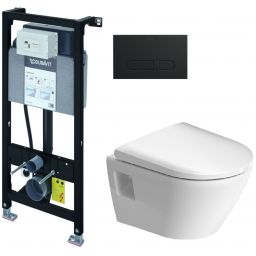 Zestaw Duravit DuraSystem stelaż podtynkowy z przyciskiem spłukującym czarny mat i miską WC Rimless D-Neo Compact z deską wolnoopadającą (WD1011000000, WD5001031000, 45870900A1)
