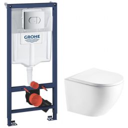 Zestaw Grohe Solido stelaż podtynkowy z przyciskiem spłukującym chrom i miska WC wisząca Rimless z deską wolnoopadającą biała Hagser Beno (38981000, HGR20000042)