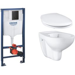 Zestaw Grohe Solido stelaż podtynkowy WC z przyciskiem Even czarny mat i miską WC Bau Ceramic wiszącą z deską (38811KF0, 39427000, 39492000)