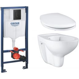 Zestaw Grohe Solido stelaż podtynkowy WC z przyciskiem Even czarny mat i miską WC Bau Ceramic wiszącą z deską wolnoopadającą (38811KF0, 39427000, 39493000)