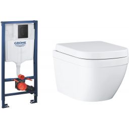 Zestaw Grohe Solido stelaż podtynkowy WC z przyciskiem Even czarny mat i miską WC Euro Ceramic wiszącą z deską wolnoopadającą (38811KF0, 39693000)