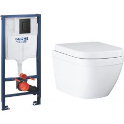 Zestaw Grohe Solido stelaż podtynkowy WC z przyciskiem Even czarny mat i miską WC Euro Ceramic wiszącą z deską wolnoopadającą (38811KF0, 39554000)