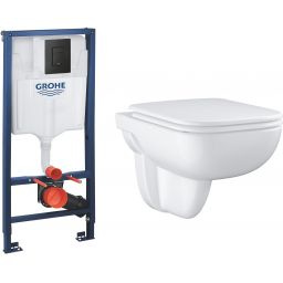 Zestaw Grohe Solido stelaż podtynkowy WC z przyciskiem Even czarny mat i miska WC Start Edge wisząca z deską wolnoopadającą (38811KF0, 39815000)