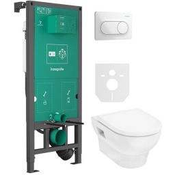 Zestaw Hansgrohe iFrame universal stelaż podtynkowy z przyciskiem spłukującym czarnym i miska z deską WC białą (01022180, 66002670, 60309450)