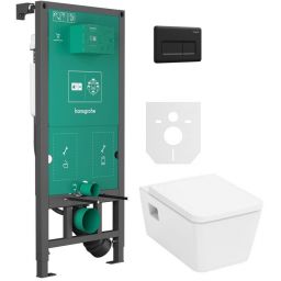 Zestaw Hansgrohe EluPura Original Q miska WC z deską wolnoopadającą wisząca biała i stelaż z przyciskiem czarny (01022180, 66001670, 60289450)