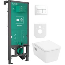 Zestaw Hansgrohe EluPura Original Q miska WC z deską wolnoopadającą wisząca biała i stelaż z przyciskiem czarny (01022180, 66001700, 60289450)