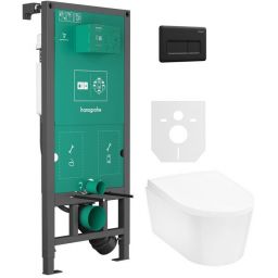 Zestaw Hansgrohe EluPura S miska WC z deską wolnoopadającą wisząca biała i stelaż z przyciskiem czarnym (01022180, 66001670, 60193450, 60148450)