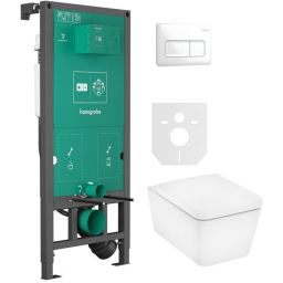 Zestaw Hansgrohe EluPura Q miska WC z deską wolnoopadającą wisząca biała i stelaż z przyciskiem białym (01022180, 66001450, 60293450)