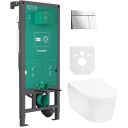 Zestaw Hansgrohe EluPura S miska WC z deską wolnoopadającą wisząca biała i stelaż z przyciskiem chrom połysk (01022180, 66003000, 60193450, 60148450)